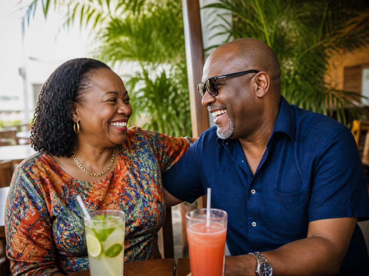 A couple in their fifties laughing together over drinks at a sunny outdoor cafe in Lagos